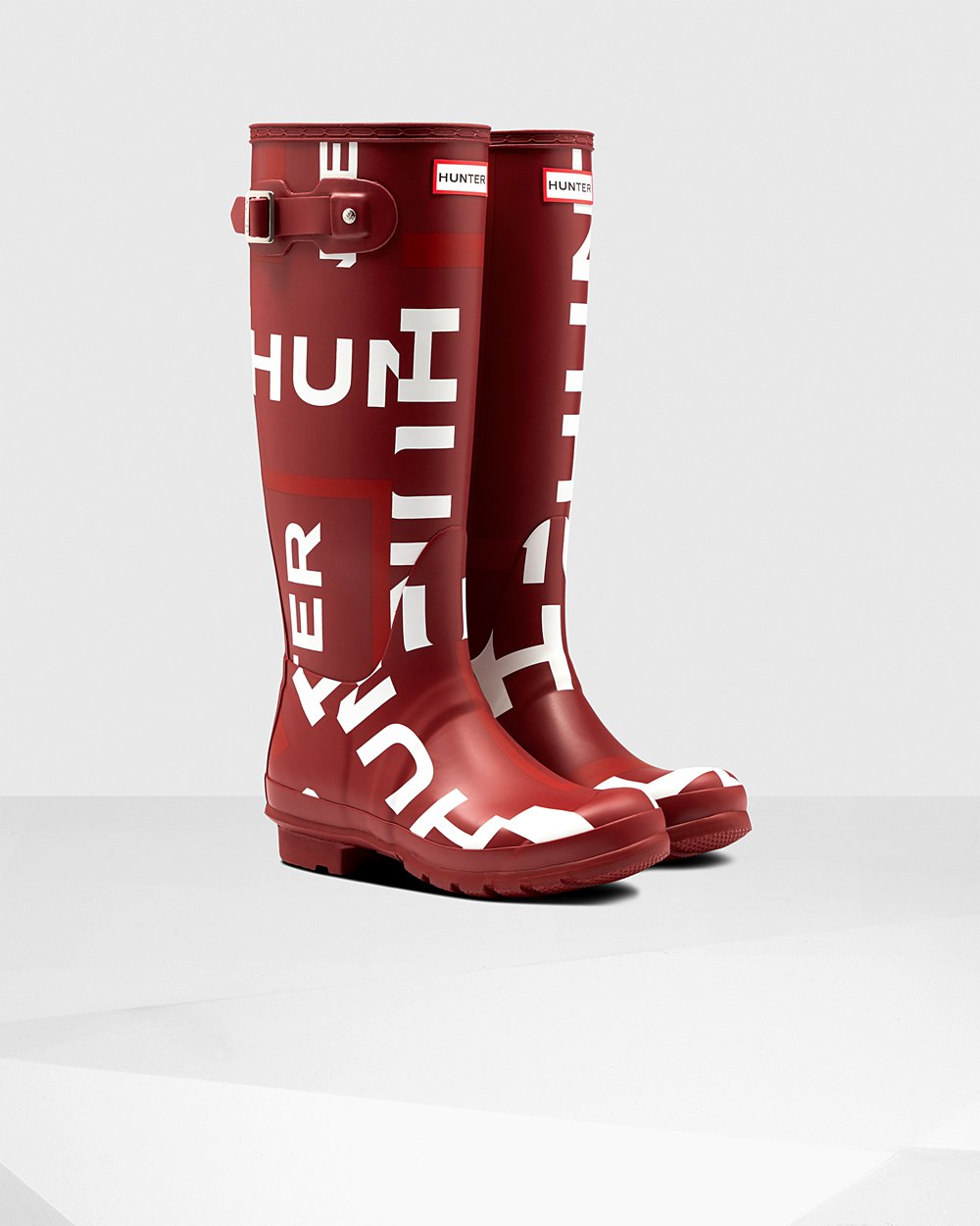 Womens Hunter Original Exploded Logo - Tall Rain Boots Grey Red - 9837-DIFHL